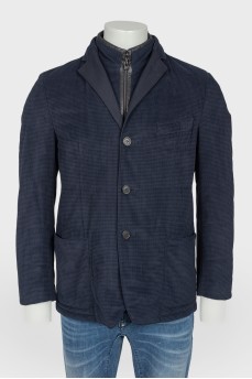 Men's navy blue button down jacket with leather inserts