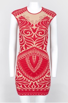 Red-Midi Red Dress with a pattern