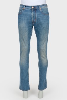 Men's blue jeans with orange stitch
