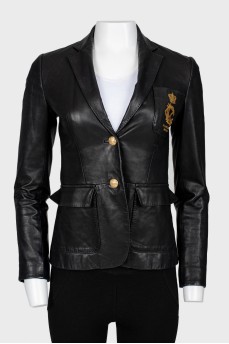Leather single -breasted jacket with golden buttons