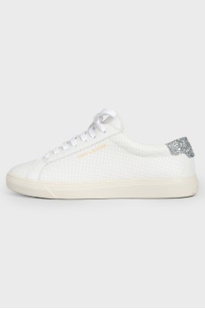 White leather silver rhinestones sneakers