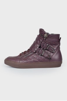 Bordeaux leather zippered and straps sneakers