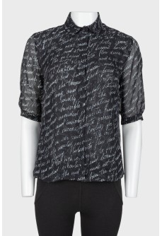 Translucent blouse text print shirt
