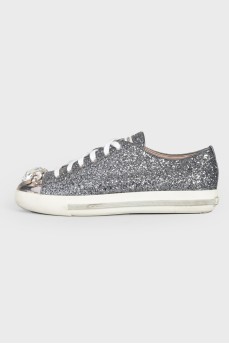 Leather sneakers with silver rhinestones and sequins
