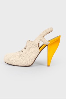 Textile knitted yellow heel sandals
