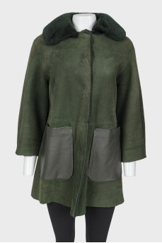 Green sheepskin fur collar coat