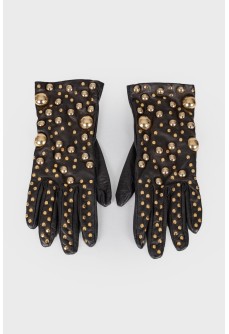 Black leather metallic inserts gloves