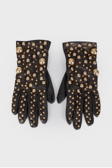 Black leather metallic inserts gloves