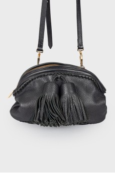 Black leather bag with leather fringe, zippered