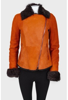 Sheepskin coat in leather with asymmetric zip