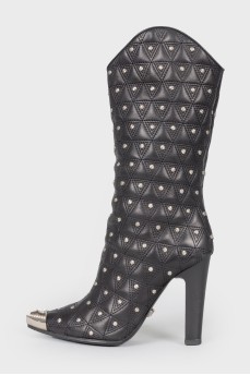 Leather boots with metal studs and rhinestones