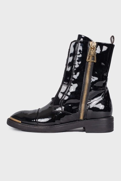 Patent black lace-up boots