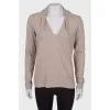 Beige Long-Sleeve Top with Decorative Collar