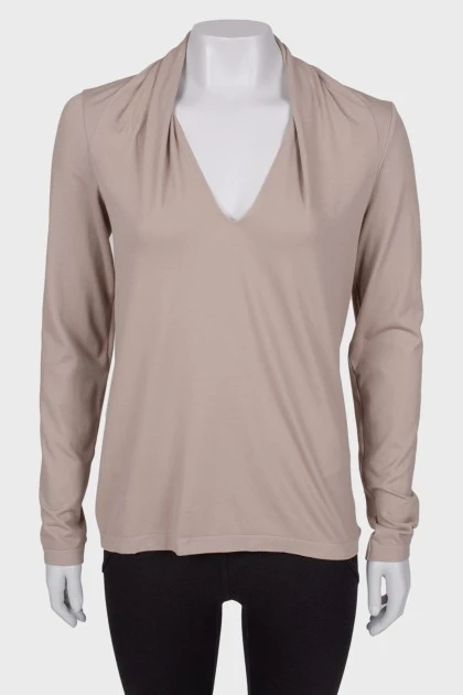 Beige Long-Sleeve Top with Decorative Collar