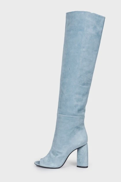Blue peep toe over the knee boots