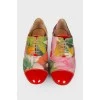 Printed loafers with patent toecap