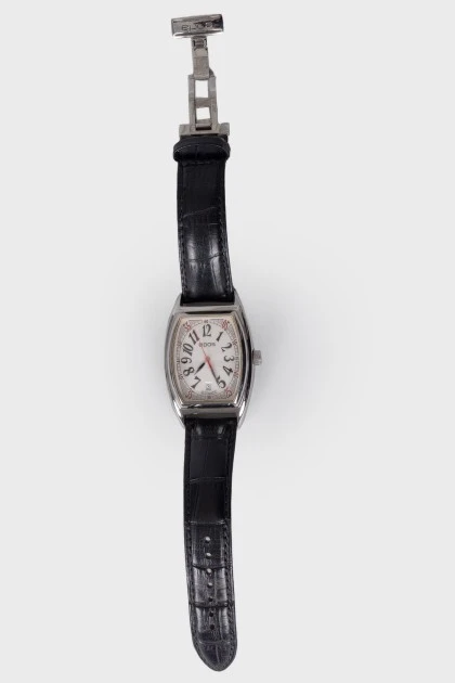 Watch with black leather strap