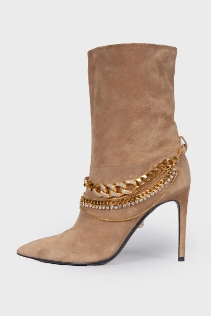 Suede ankle boots with gold chain
