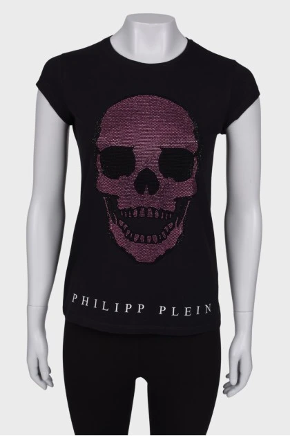 T-shirt with pink skull appliqué