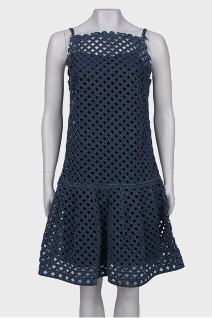 Denim openwork dress with a tag