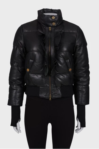 Ruffled black leather jacket