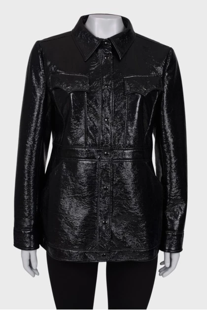 Patent black jacket with tag