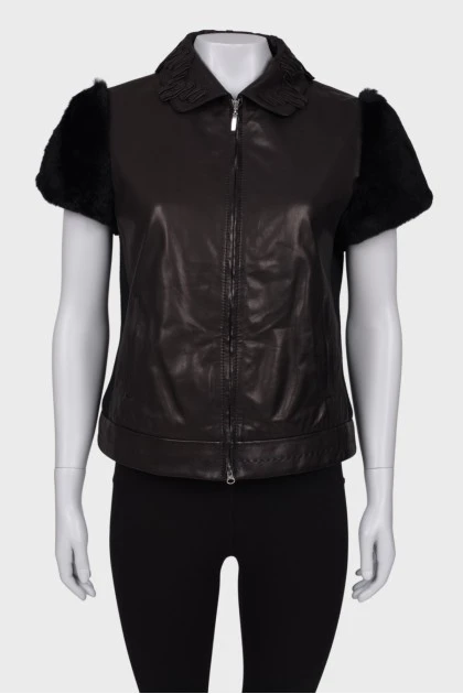 Leather vest with fur sleeves