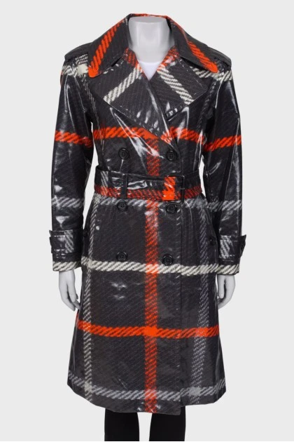 Plaid lacquer trench coat