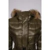Khaki elongated down jacket under the belt with a tag