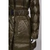 Khaki elongated down jacket under the belt with a tag