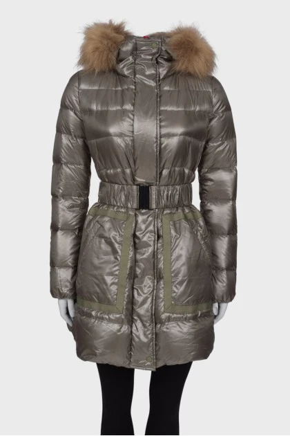 Long fitted khaki down jacket with tag
