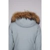 Light gray parka with fur on the hood with a tag