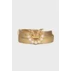 Gold tone leather belt with pearls