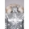 Silver parka with fur on the hood with a tag