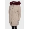Beige parka with burgundy fur with tag