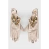 Leather gloves with sequins and rhinestones