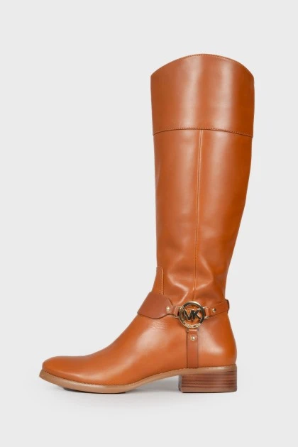 Brown leather boots with brand logo