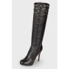 Leather boots with metal rhinestones