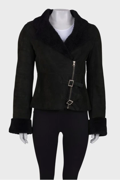 Leather black sheepskin coat