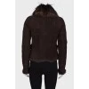 Dark brown sheepskin coat with fur on the collar