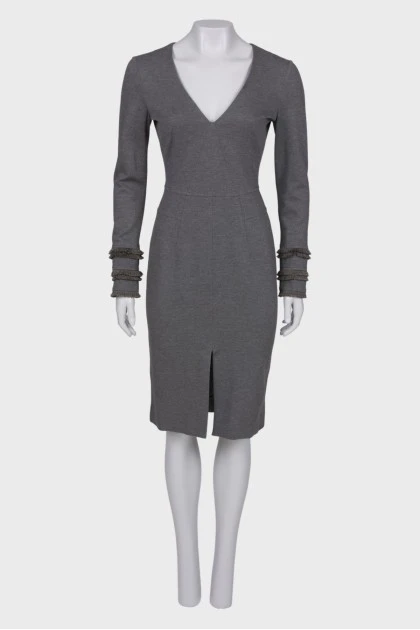 Gray dress with fringed cuffs