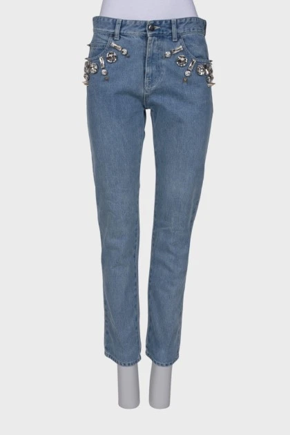 Blue jeans decorated with rhinestones