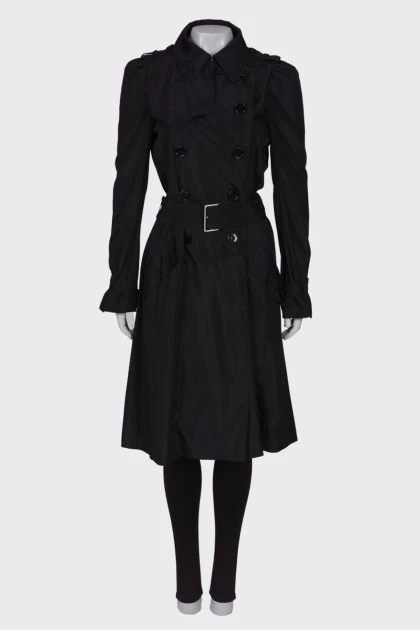 Black double-breasted trench coat with belt
