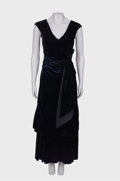 Black and blue velor dress with drape