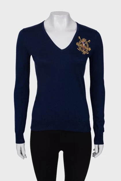 Navy blue sweater with embroidered logo