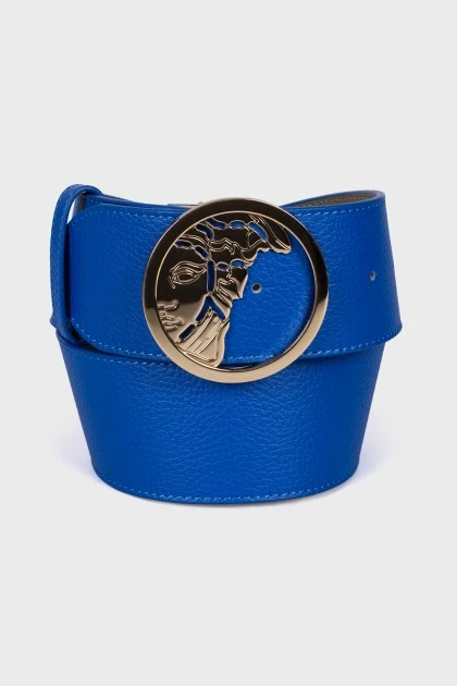 Blue leather belt with tag