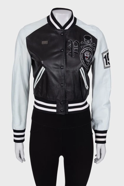 Leather bomber jacket with patches