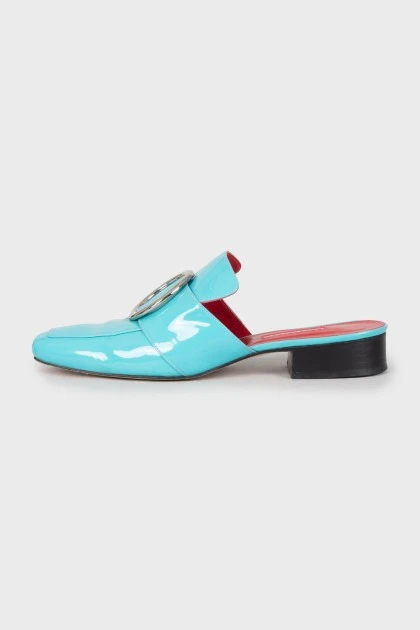 Blue patent leather mules