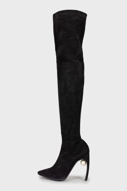 Suede over the knee boots with figured heels