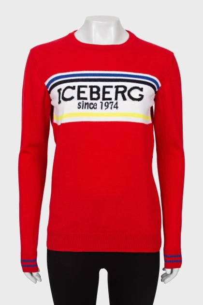Red sweater with brand logo